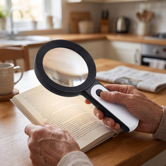 Illuminated Handheld Magnifying Glass — warm kitchen table indoors — real-scene lifestyle v4