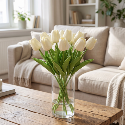 Artificial Tulip Flowers — white tulips in a clear glass vase on a wooden table in a bright cozy  — real-scene lifestyle v4
