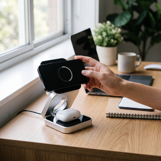 Magnetic Wireless Charger — tidy modern desk by a window — real-scene lifestyle v4