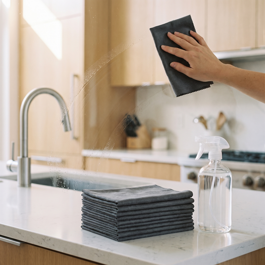 Microfiber Cleaning Cloths — wiping glass in a bright kitchen — real-scene lifestyle v4