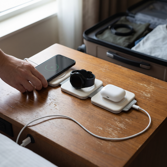Travel Wireless Charger — hotel nightstand beside an open suitcase — real-scene lifestyle v4