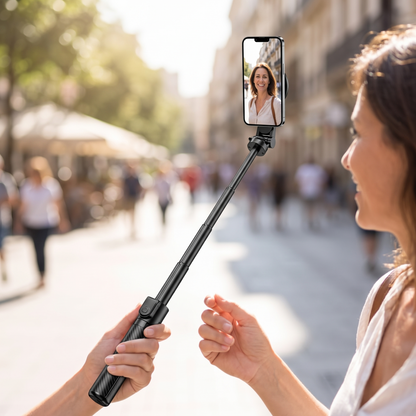 Magnetic Selfie Stick — held outdoors mid-vlog on a bright sunlit city street — real-scene lifestyle v4