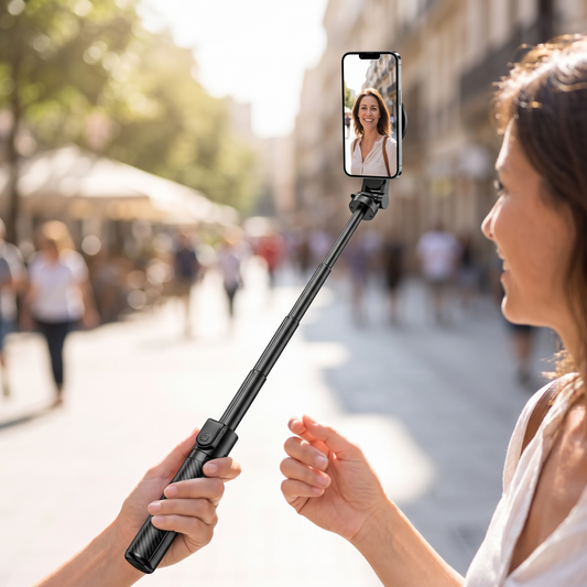 Magnetic Selfie Stick — held outdoors mid-vlog on a bright sunlit city street — real-scene lifestyle v4