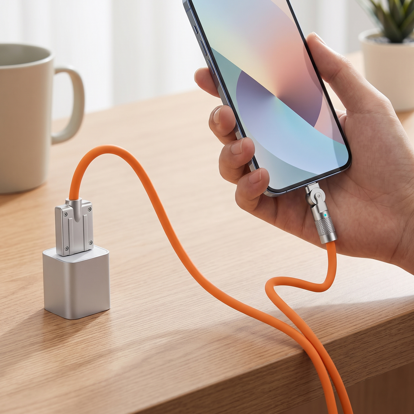 Rotating Fast Charging Cable — clean modern wooden desk in a softly lit living space; person holding  — real-scene lifestyle v4