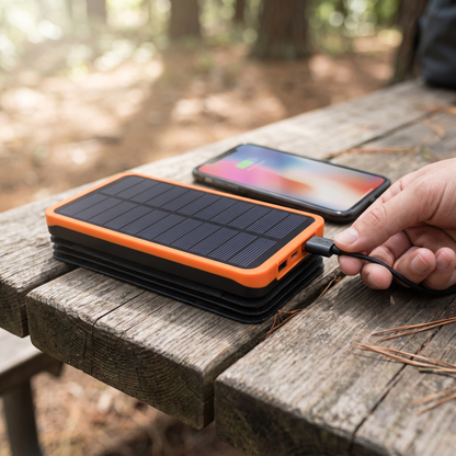 Solar Power Bank — Rustic wooden campsite picnic table outdoors in soft dappled daylight — real-scene lifestyle v4