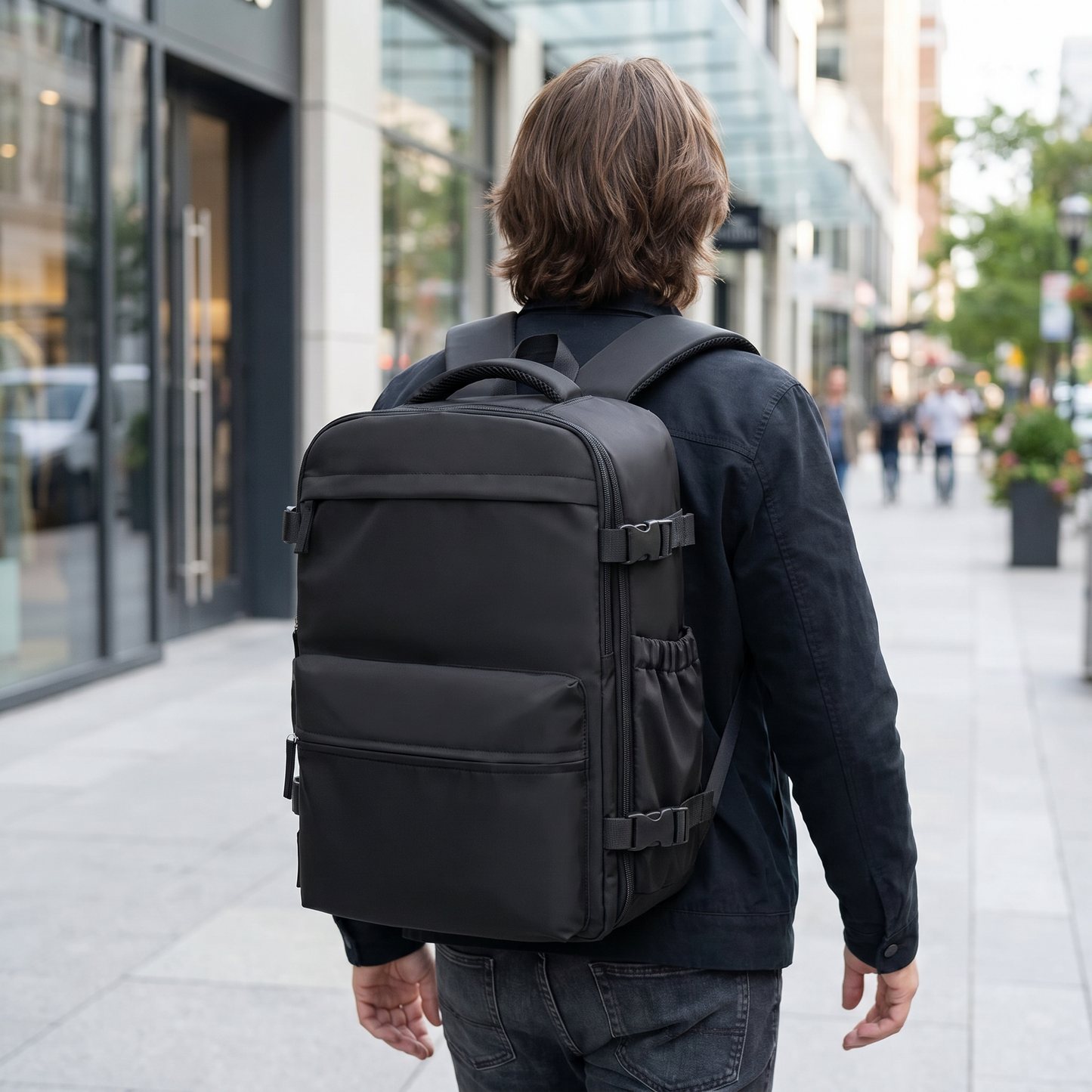 Compression Travel Backpack — bright modern city sidewalk in daylight; fictional adult walking away — real-scene lifestyle v4