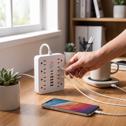 Surge Protector Power Strip — softly lit home-office desk by a window; device standing on desk in ac — real-scene lifestyle v4