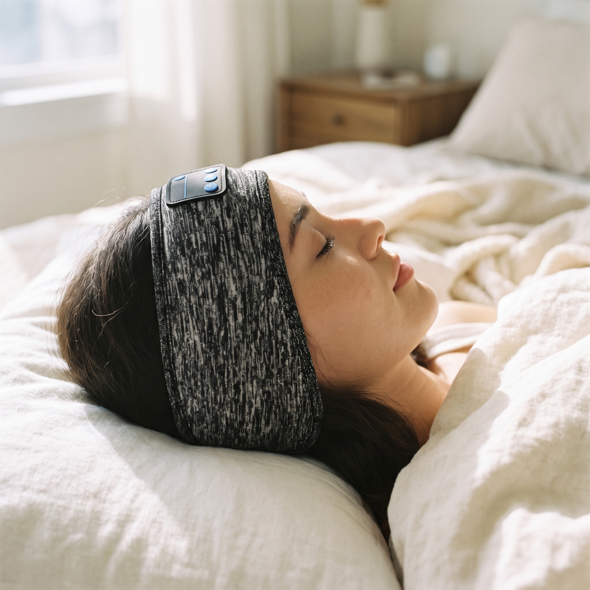 Wireless Sleep Headphone Headband — Cozy bedroom with white/cream linen bedding in soft morning daylight — real-scene lifestyle v4