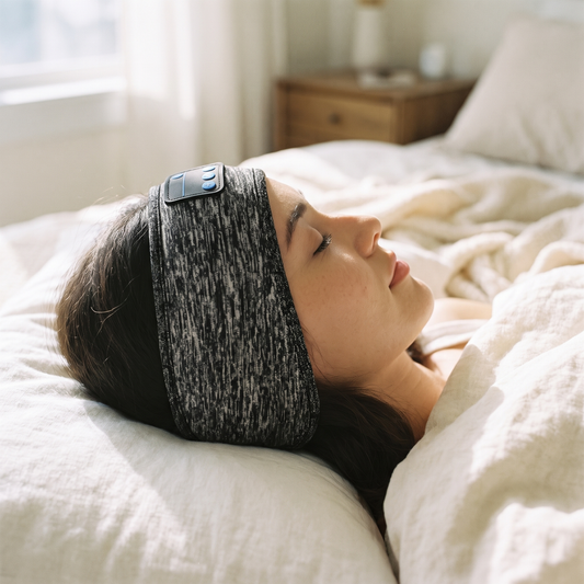 Wireless Sleep Headphone Headband — Cozy bedroom with white/cream linen bedding in soft morning daylight — real-scene lifestyle v4