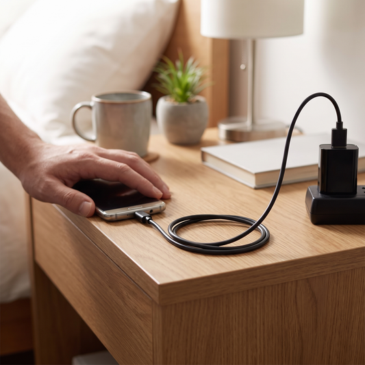 Micro USB Charging Cable — softly lit bedroom bedside table; Micro-USB plugged into a phone with  — real-scene lifestyle v4