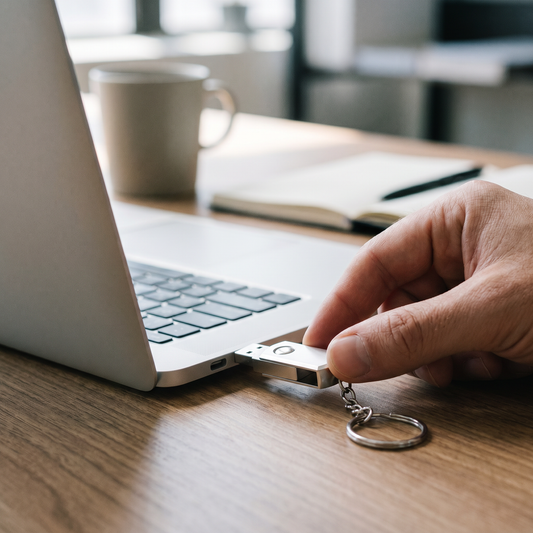 USB Flash Drive — Clean modern wooden desk with a plain mug and notebook — real-scene lifestyle v4