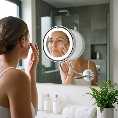 LED Suction Cup Mirror — bright modern bathroom vanity; suction-mounted on the wall mirror — real-scene lifestyle v4