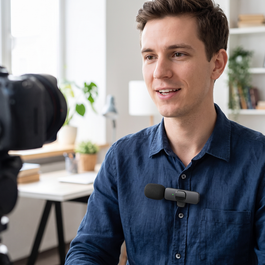 Wireless Lavalier Microphone — Bright modern creator/vlog room with a camera in the foreground — real-scene lifestyle v4