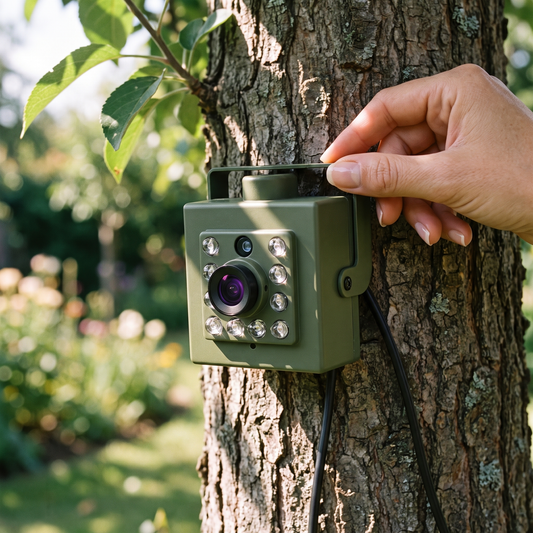 Weatherproof Wildlife Camera — sunlit garden; camera strapped to a tree trunk — real-scene lifestyle v4