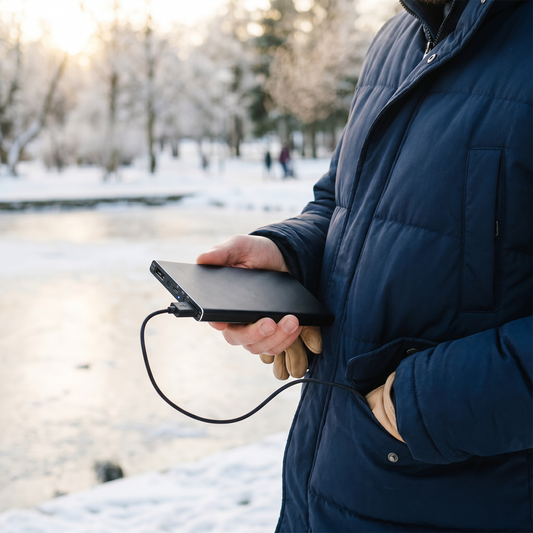 Rechargeable Power Bank — Snowy winter outdoors at golden hour — real-scene lifestyle v4