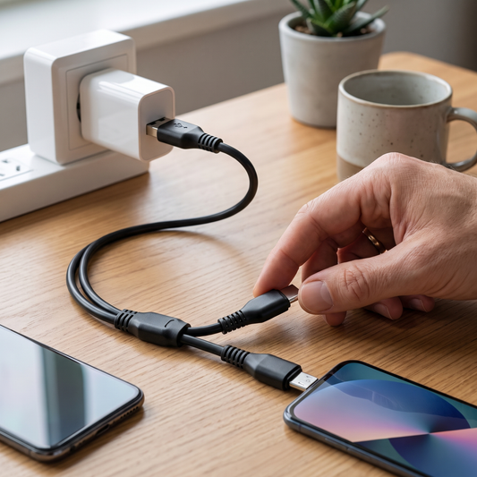 Multi-Port Charging Cable — Clean modern wooden desk in soft daylight — real-scene lifestyle v4