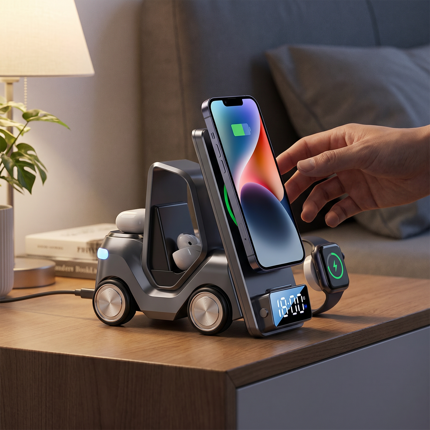 Wireless Charger with Alarm Clock — clean modern bedside nightstand at dusk with a softly lit lamp — real-scene lifestyle v4