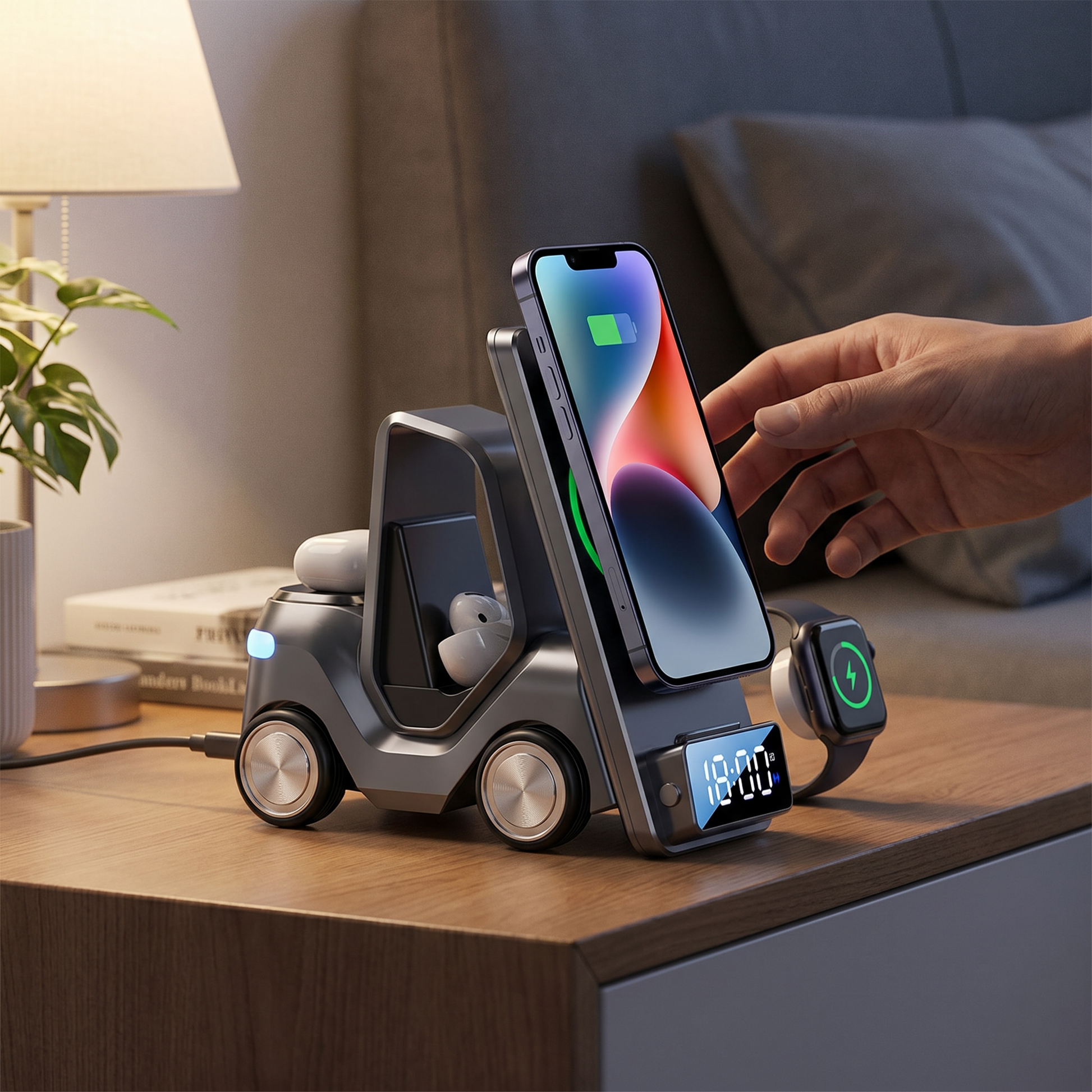 Wireless Charger with Alarm Clock — clean modern bedside nightstand at dusk with a softly lit lamp — real-scene lifestyle v4