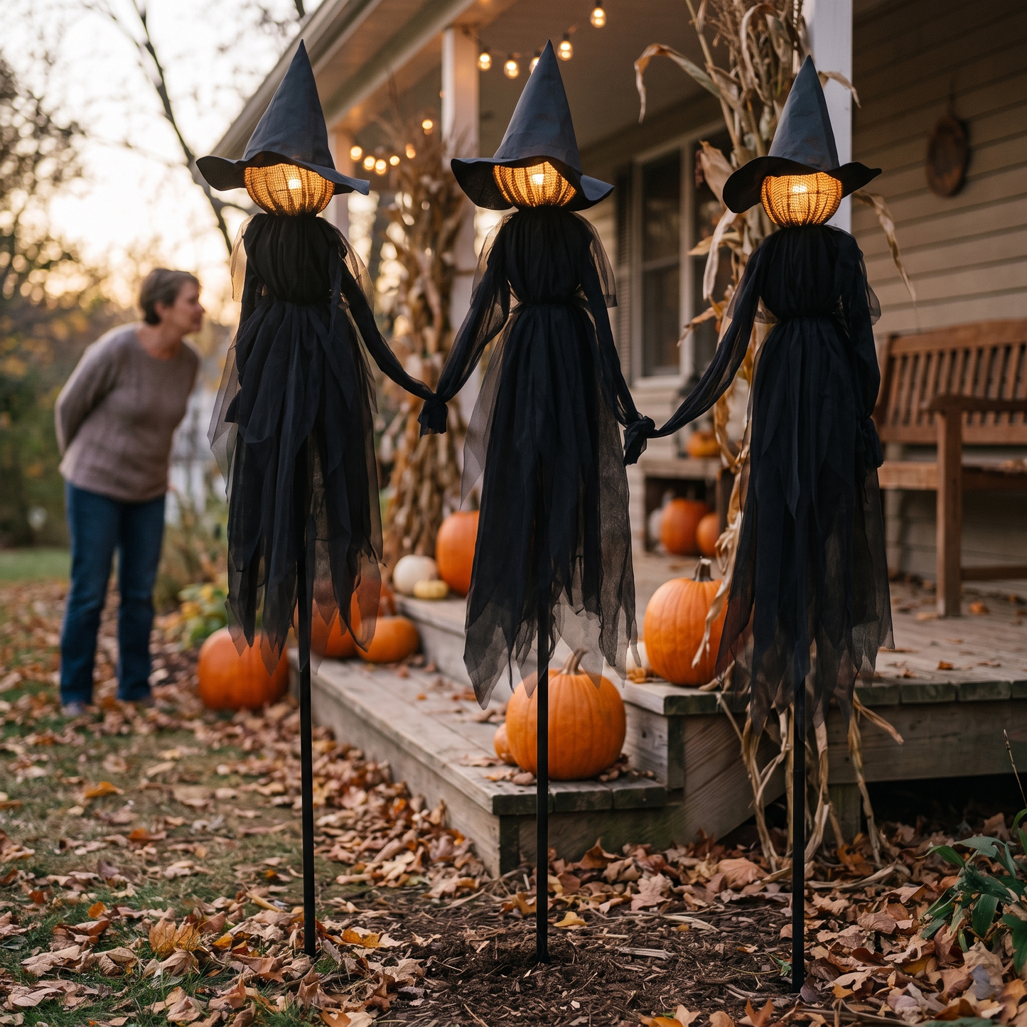 Sound-Activated Witch Decorations — Autumn front porch / yard at dusk — real-scene lifestyle v4