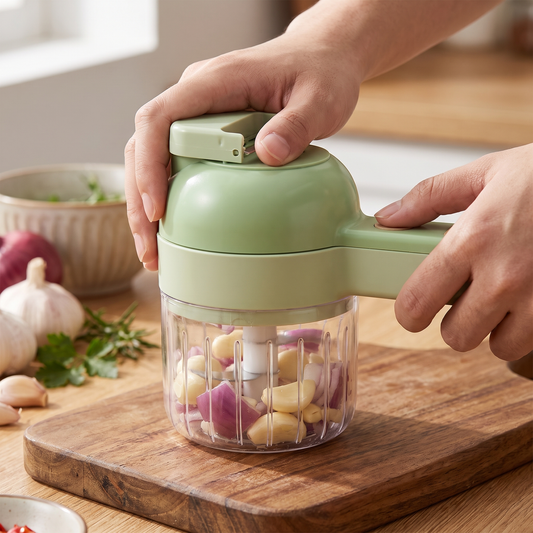 Electric Food Chopper — Warm minimalist kitchen — real-scene lifestyle v4