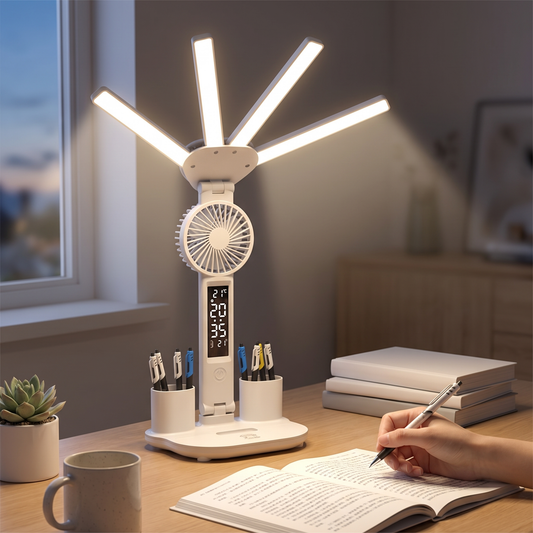 Multifunctional LED Table Lamp — Clean modern study desk at dusk — real-scene lifestyle v4