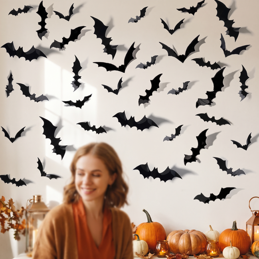 Halloween Bat Wall Stickers — Tastefully styled autumn Halloween living room — real-scene lifestyle v4