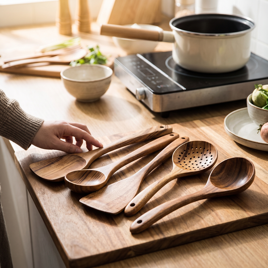 Kitchen Utensil Set — warm minimalist modern kitchen; the five wooden utensils fanned on a w — real-scene lifestyle v4