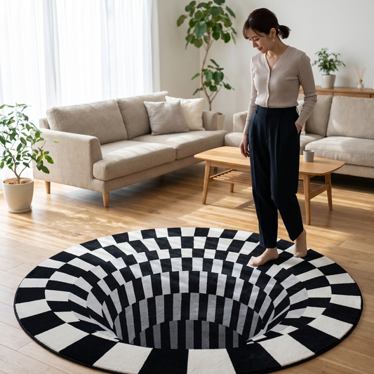 Vortex Illusion Rug — Bright modern living room — real-scene lifestyle v4