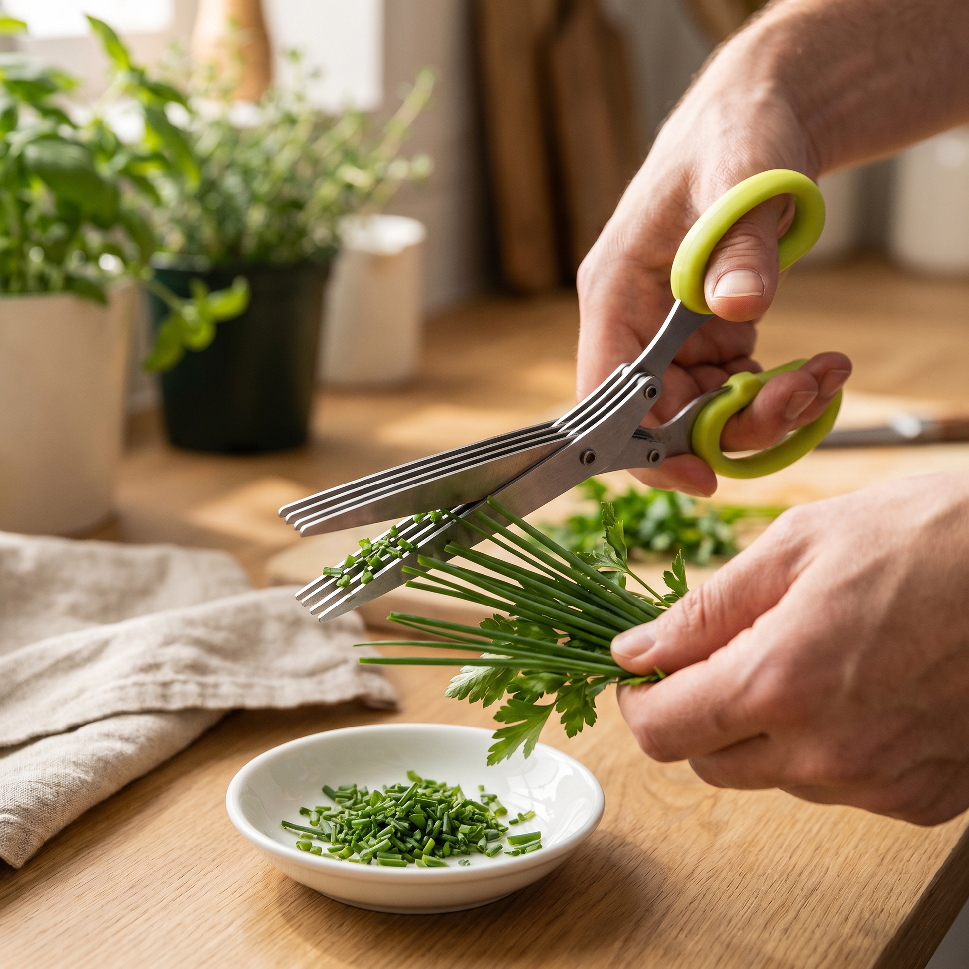 5-Blade Herb Scissors — warm minimalist modern kitchen on a wood counter; adult hands snipping — real-scene lifestyle v4