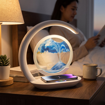Sand Art Lamp with Charger — Cozy bedroom nightstand at dusk: wood table — real-scene lifestyle v4
