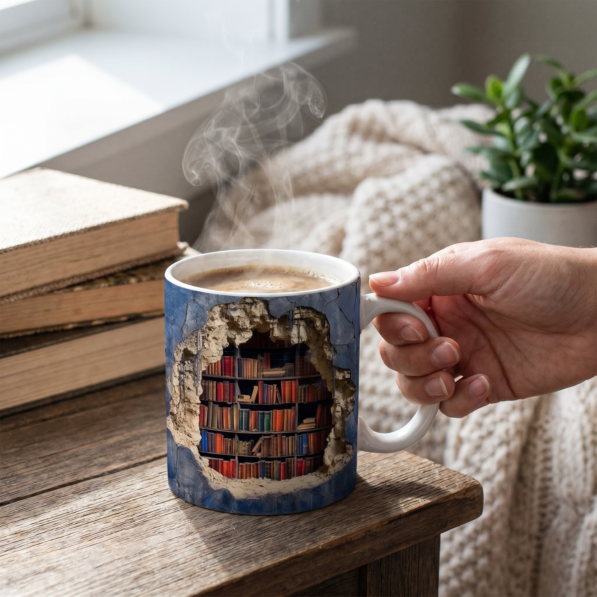 Bookshelf Coffee Mug — Cozy reading nook: rustic wood table/windowsill — real-scene lifestyle v4