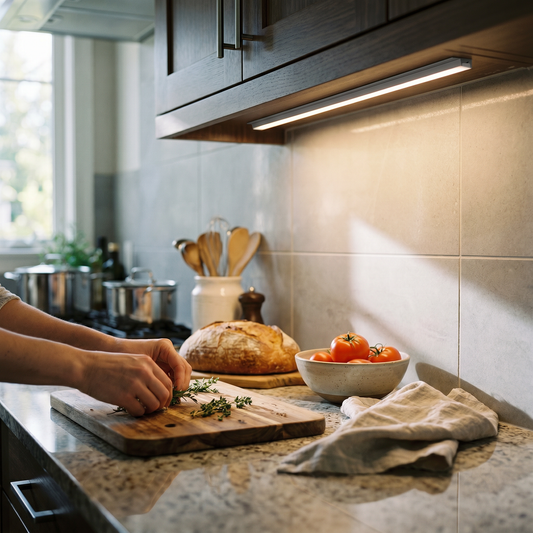 LED Under Cabinet Light Bars — warm modern kitchen; the slim bar mounted flush under a dark wood uppe — real-scene lifestyle v4