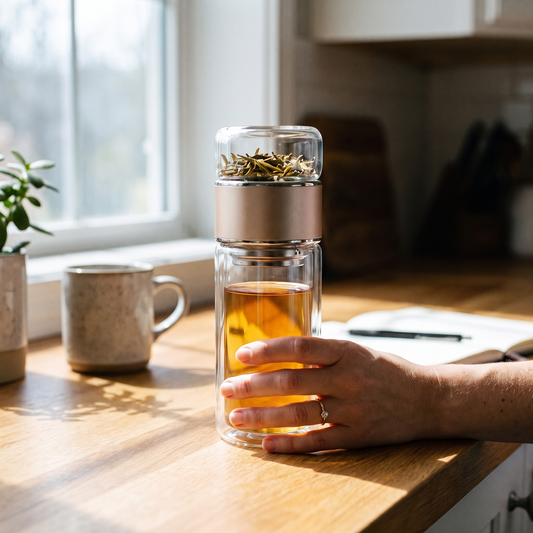 Glass Tea Infuser Tumbler — warm minimalist kitchen counter by a bright window; the clear tumbler  — real-scene lifestyle v4