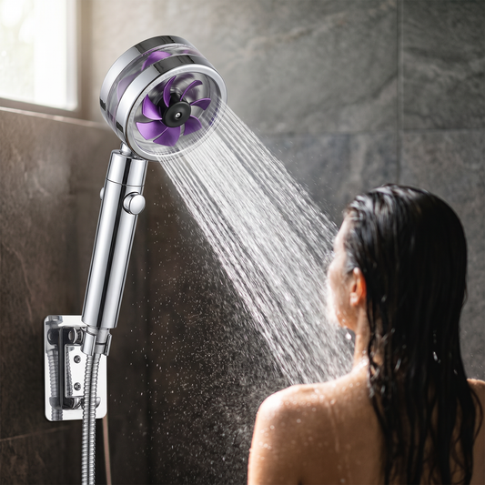 High-Pressure Shower Head — Modern dark-tiled shower / spa bathroom; wall bracket + chrome hose; a — real-scene lifestyle v4