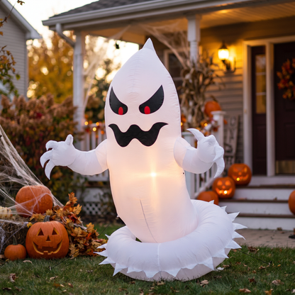 Inflatable Halloween Ghost — suburban front lawn/porch at autumn dusk decorated for Halloween — jac — real-scene lifestyle v4