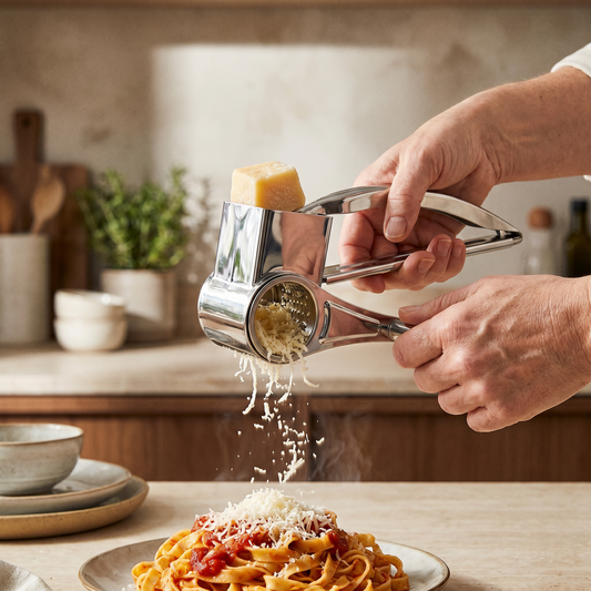 Stainless Steel Cheese Grater — warm minimalist modern kitchen; adult hands squeeze-holding the grater — real-scene lifestyle v4