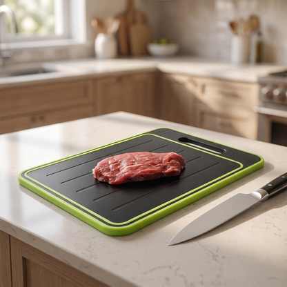Cutting Board with Defrosting Tray — warm minimalist modern kitchen on a light quartz countertop; the board — real-scene lifestyle v4