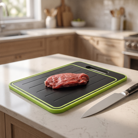 Cutting Board with Defrosting Tray — warm minimalist modern kitchen on a light quartz countertop; the board — real-scene lifestyle v4