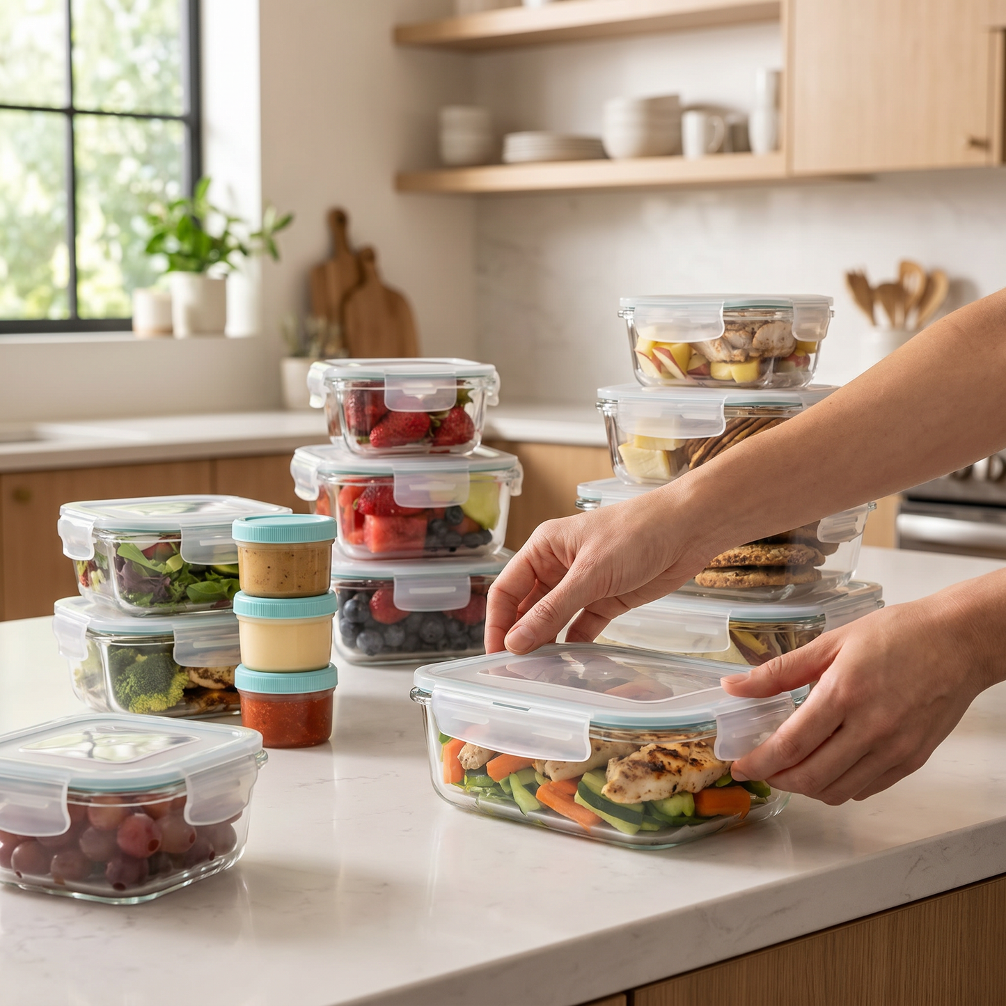 Food Storage Container Set — warm minimalist modern kitchen — real-scene lifestyle v4