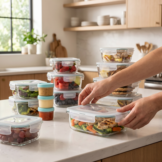 Food Storage Container Set — warm minimalist modern kitchen — real-scene lifestyle v4