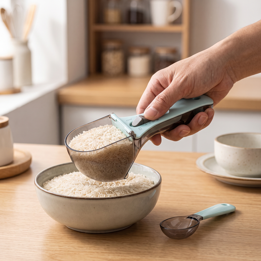 Adjustable Measuring Cup Set — warm minimalist modern kitchen at a light wood counter — real-scene lifestyle v4