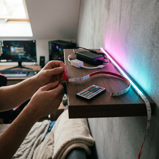 LED Strip Light — cozy modern bedroom / gaming setup; adult hand peeling and applying th — real-scene lifestyle v4
