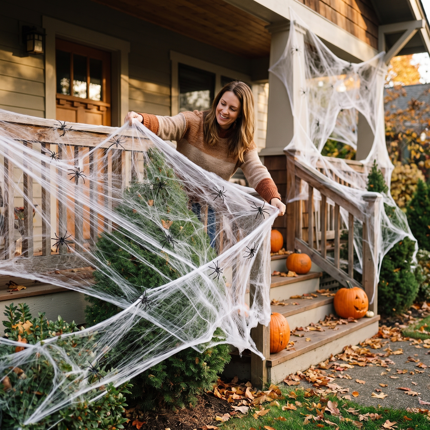 Stretch Spider Web Decoration — home front porch and front-yard shrubs during autumn Halloween season — real-scene lifestyle v4
