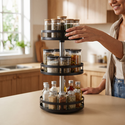 Swivel Metal Organizer — warm minimalist modern kitchen countertop by a window; adult woman gen — real-scene lifestyle v4