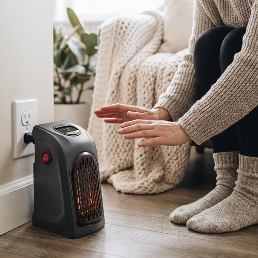 Portable Ceramic Space Heater — cozy warm living room in winter — real-scene lifestyle v4