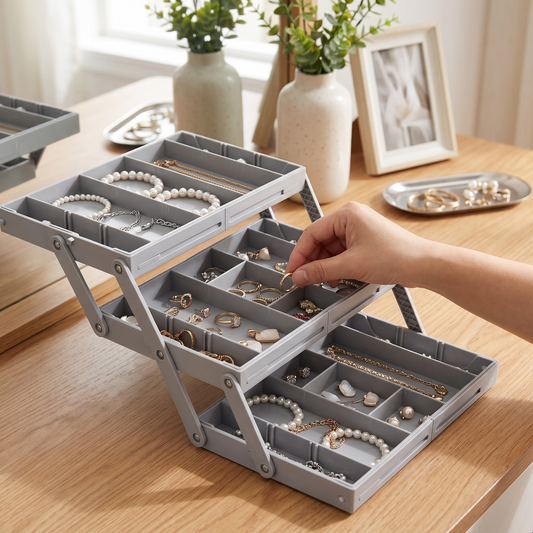 3-Tier Drawer Organizer — warm bedroom vanity / dresser top by a window; organizer opened in its — real-scene lifestyle v4