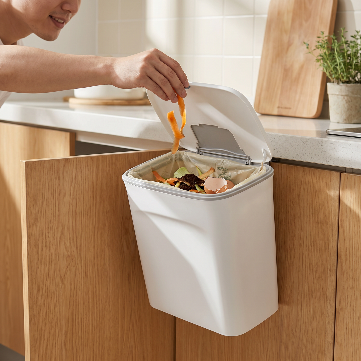 Kitchen Compost Bin — warm minimalist kitchen — real-scene lifestyle v4
