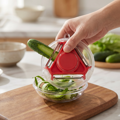 Vegetable Peeler Shredder — warm minimalist modern kitchen — real-scene lifestyle v4
