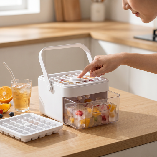 Push-Button Ice Cube Tray — warm minimalist kitchen at a light wood counter making iced drinks — real-scene lifestyle v4