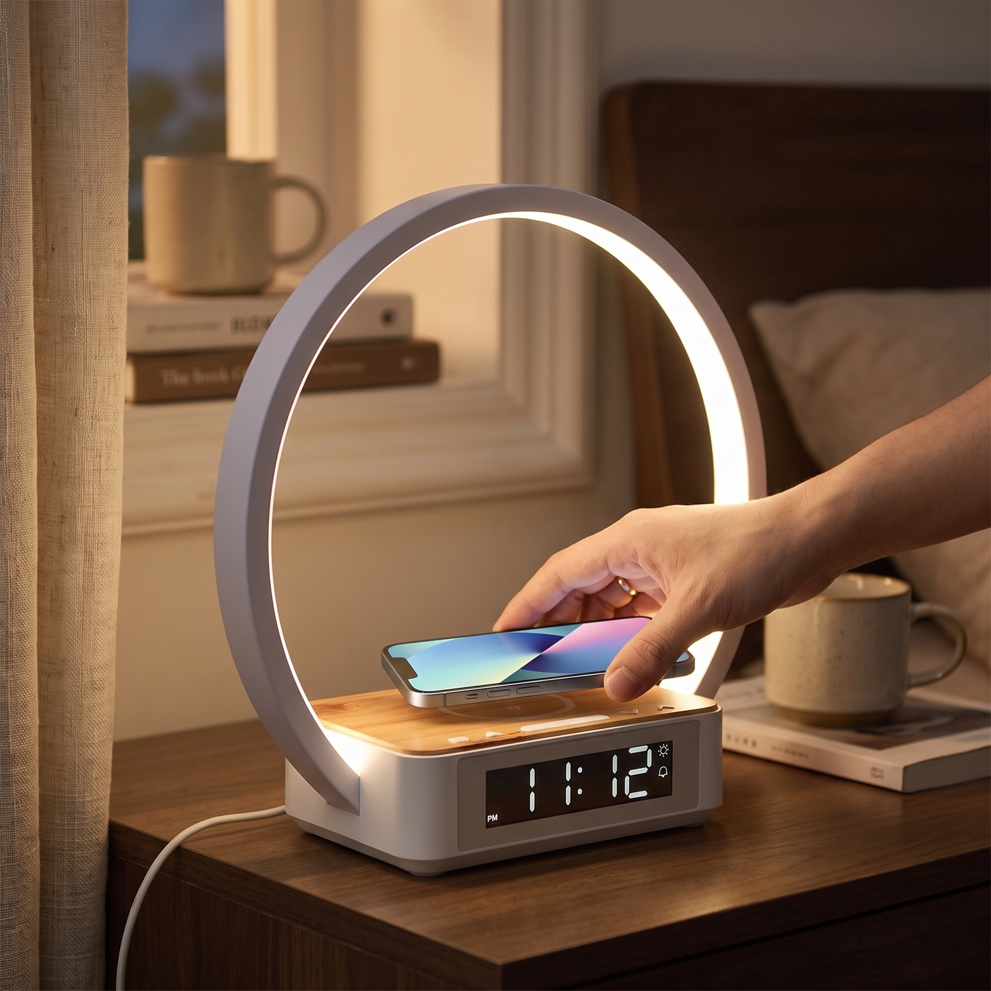 Wireless Charging Table Lamp — cozy bedroom nightstand at dusk; ring softly lit warm white — real-scene lifestyle v4